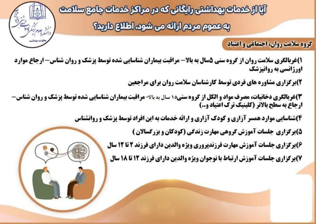 خدمات حوزه سلامت روان در تمامی مراکز خدمات جامع سلامت  به صورت رایگان ارائه می‌شود